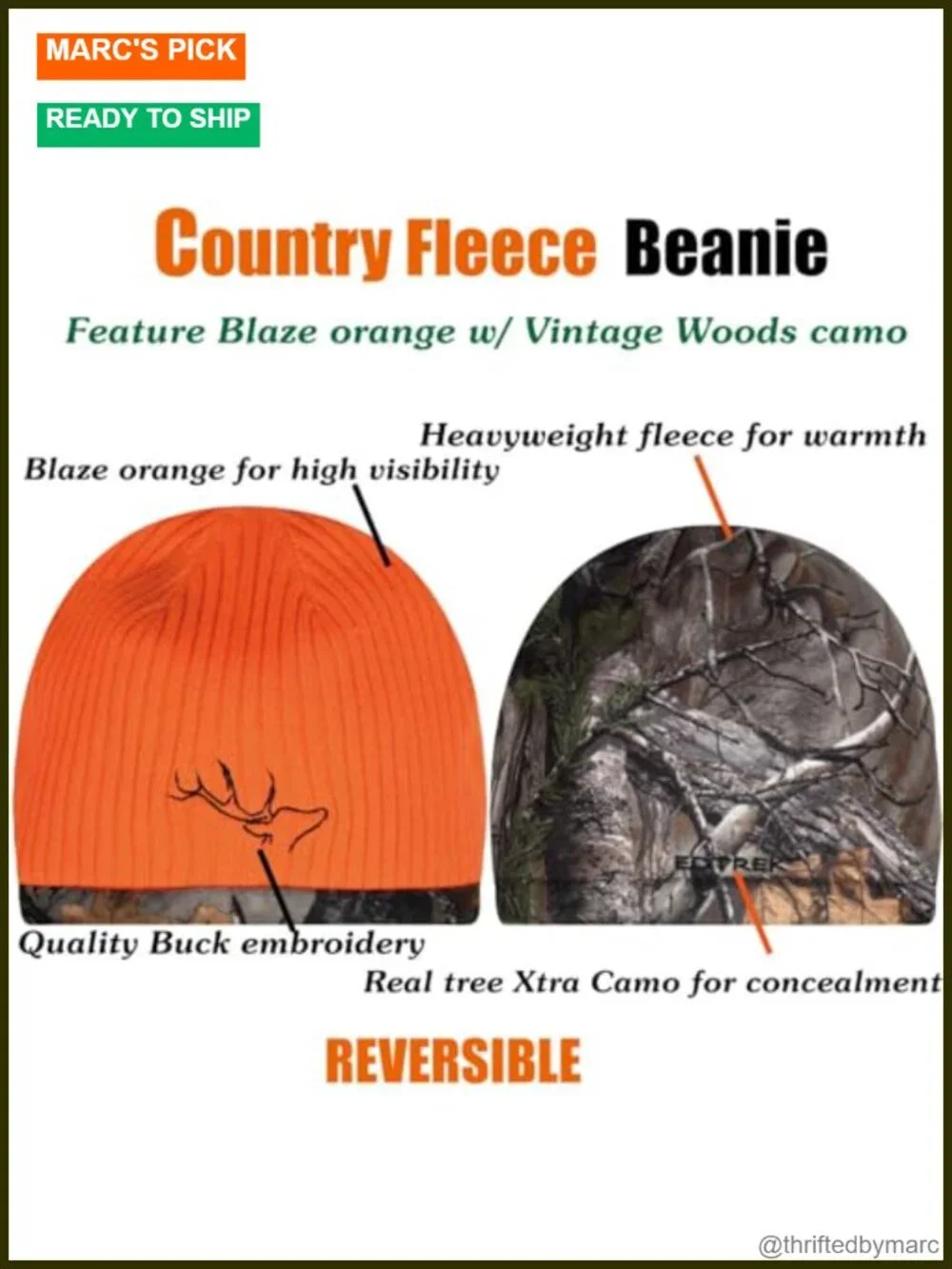 Reversible Windproof Fleece Beanie Hat - Warm Winter Hat for Hunting Fishing